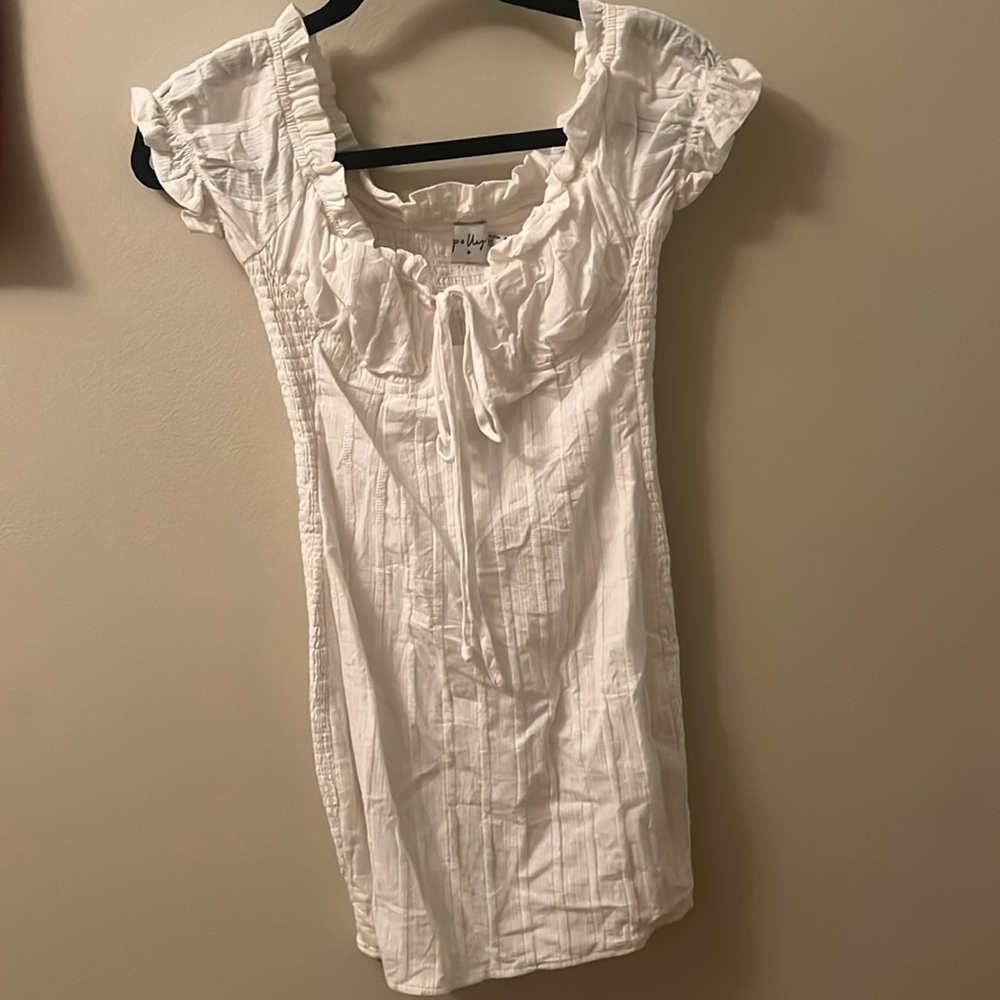 ruffle and shirring cotton gauze 
white mini dress